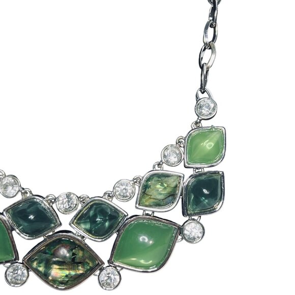 Dana Buchman Silver Tone Bib Necklace With Green Cabochons (6126) - Picture 4 of 8
